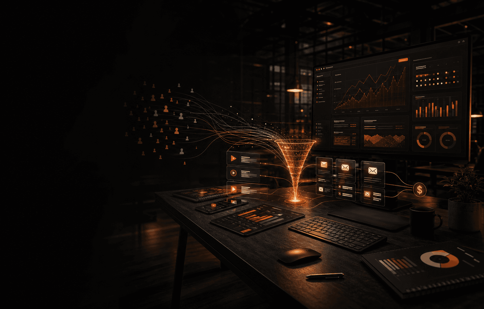 A dark marketing workstation with flame-orange analytics surfaces.